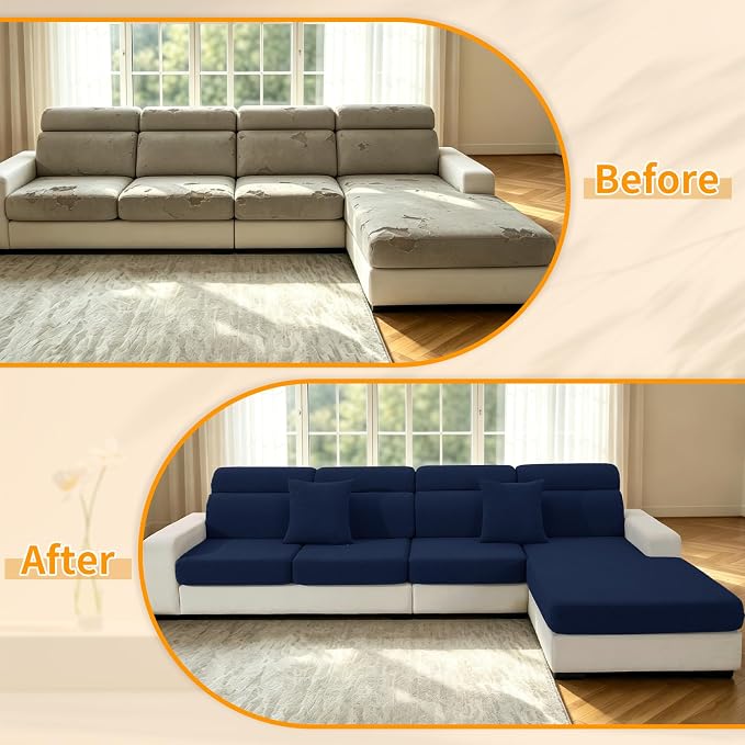 XINEAGE Couch Cushion Covers Seat Cushion Cover Thick Stretch Sofa Slipcovers 3 Piece Individual Couch Covers with Elastic Bottom(3 Seat Cushion/Backrest,Navy Blue)