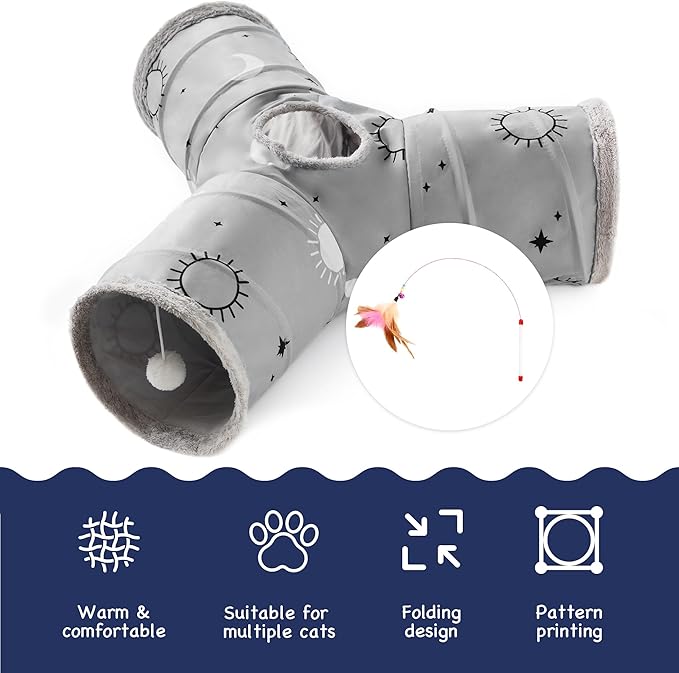 Tempcore Cat Tunnel for Indoor Cats, 3 Way Collapsible Pet Play Tunnel with Teaser Wand, Peek Holes & Hanging Ball, Interactive Tube for Kittens & Rabbits, Grey Sun
