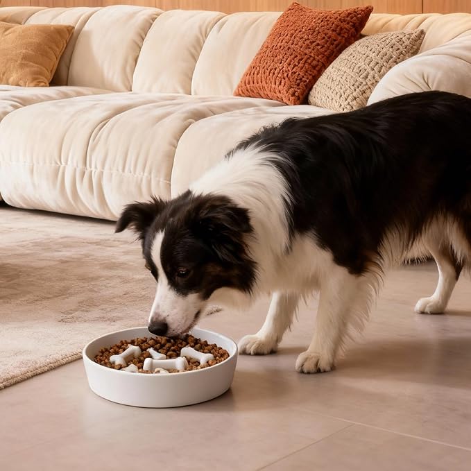 Ceramic Slow Feeder Dog Bowls, Ceramic Slow Feeder Maze Dog Food Bowl, Slow Eating Dog Bowl and Slow Feeder Dog Bowl Anti-Choking for Daily Pet Feeding (White Bone)