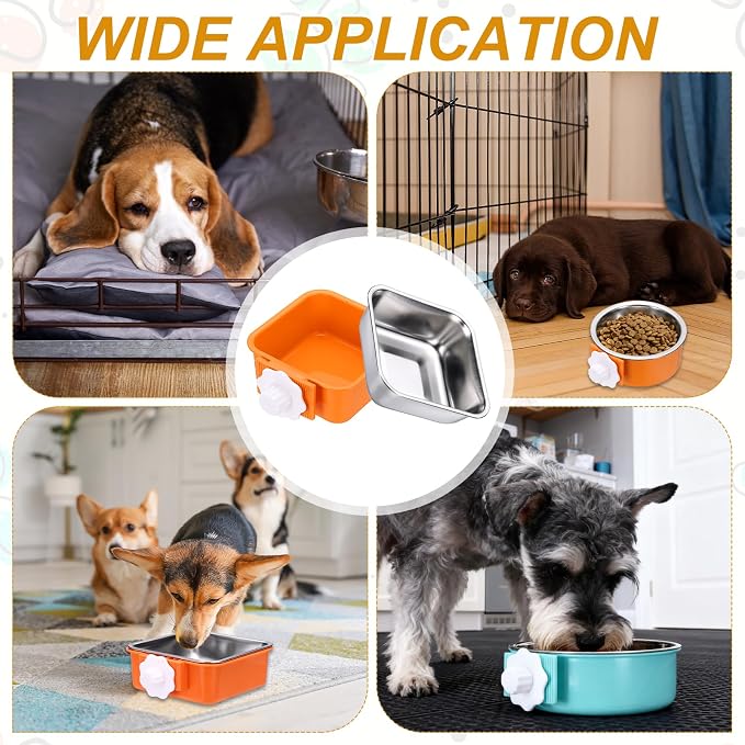 Crate Dog Bowl, Removable Stainless Steel Pet Cage Hanging Anti-Overturn Food Water Feeder Cage Cup (Square, Orange, 11.1oz), Intended for Puppies/Cat/Rabbit/Bird
