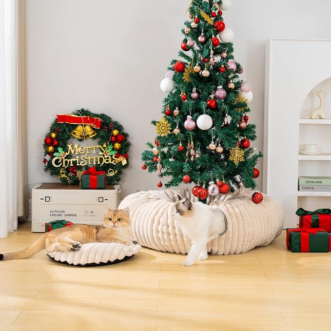 Avont Cat Tunnel Bed for Indoor Cats, Plush Fluffy Kitten Donut Tunnel 3 Shape to Play, Large Kitty Circle Tunnel Under Christmas Tree, Cat Play Toys Gift Ideas -Latte Short-Pile