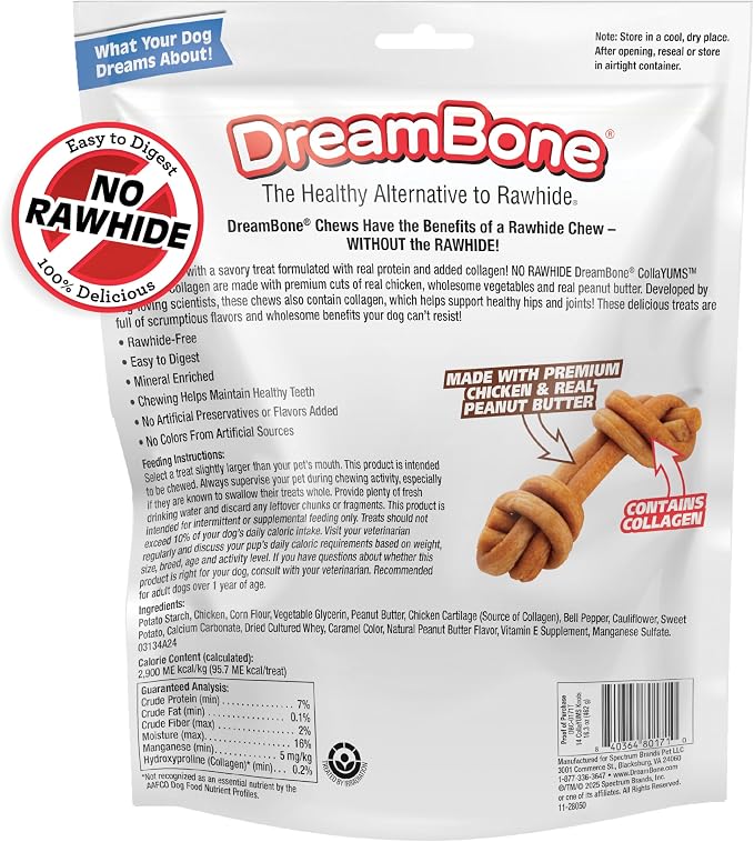 DreamBone CollaYUMS Knots Plus Collagen Chews for Dogs, 14 Count, Treat Your Dog to Rawhide-Free Chews Made with Chicken, Vegetables and Peanut Butter