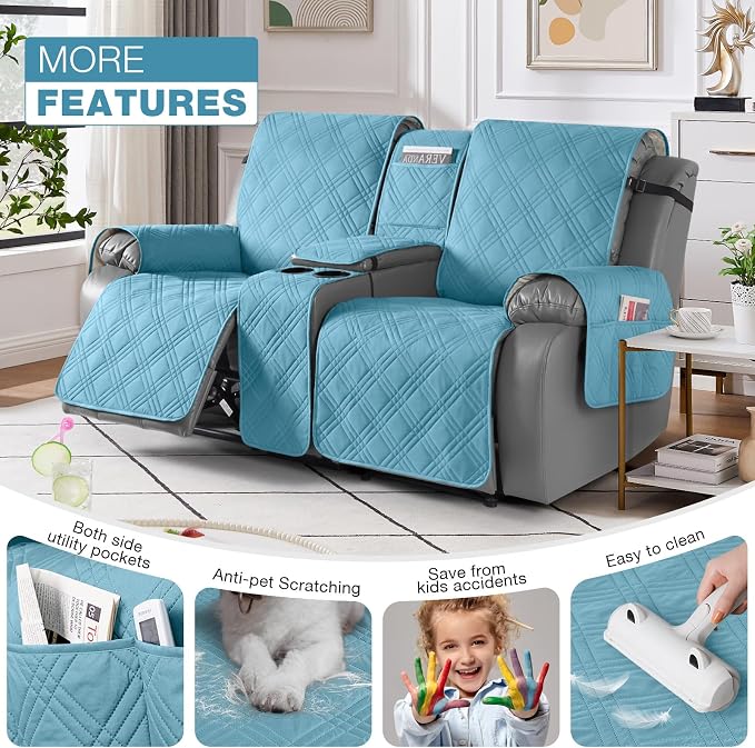 TAOCOCO Loveseat Recliner Cover with Center Console, 100% Waterproof Pet Covers for Dual Recliner with Straps Design, Split Reclining Loveseat Cover Furniture Pet&Kids Protector(2 Seater, Sky Blue)