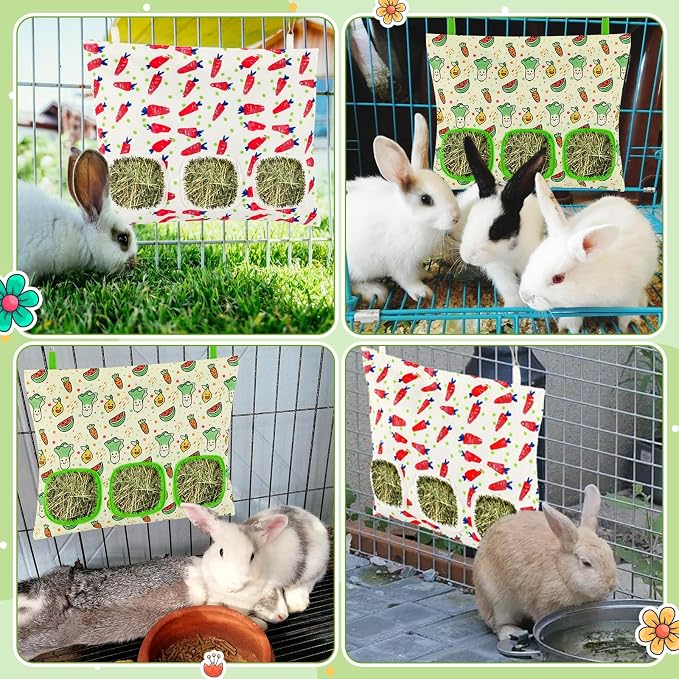 UPINS 2 Hay Bag for Rabbits 3-Hole Hanging Hay Feeder Guinea Pig Hay Bags, Hay Feeder for Rabbits Chinchillas Hamsters Small Pets and Animals