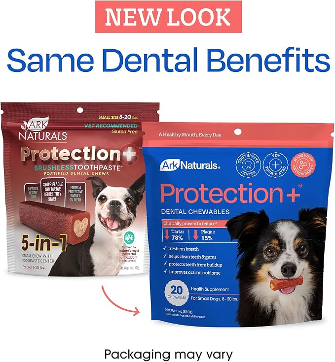 Ark Naturals Protection Plus Brushless Toothpaste for Mini Breeds, 4 oz Bag, Dog Dental Chew with Toothpaste Center, Prevents Plaque & Tartar, Freshens Breath