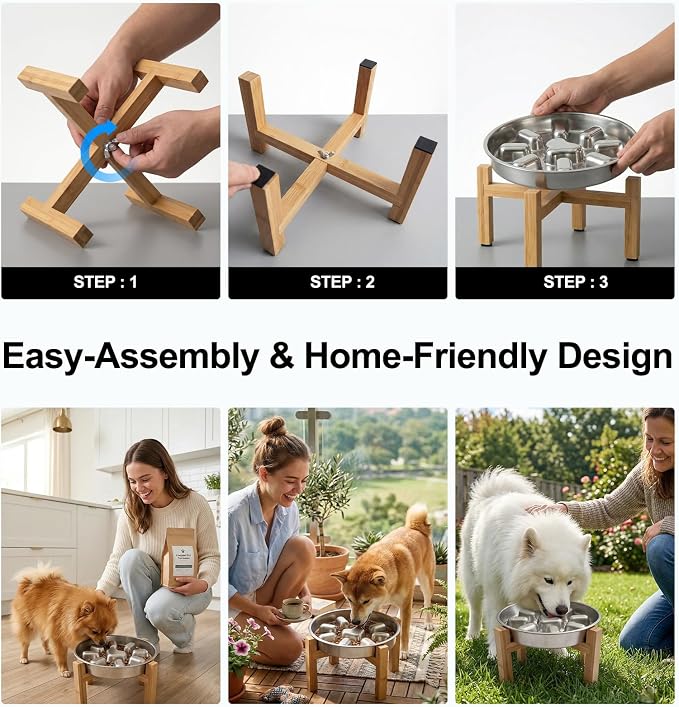 Elevated Slow Feeder Dog Bowl for Small Medium Breed Puppies, 2 Cup 304 Stainless Steel Maze Food Dish for Fast Eaters, Non Slip Raised Doggy Metal Plate with 5.5 Inch Stand, Non Gobbling, Neck Relief