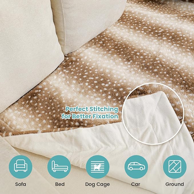 COZY KISS Luxury Faux Fur Blanket Deer Print, Waterproof Pet Blanket Washable, Woman Sofa Bed Couch Throw, Liquid Pee Proof for Large Dog or Cat, Reversible, Super Soft, 50x60 inch, Brown