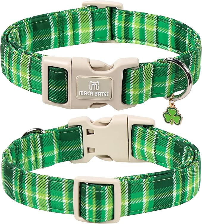 Maca Bates Spring Green Dog Collar with Clover Charm,Irish Plaid Pattern for Extra Large Girl Boy Dogs, Adjustable Durable Soft Gingham Collars for Male Female Puppy