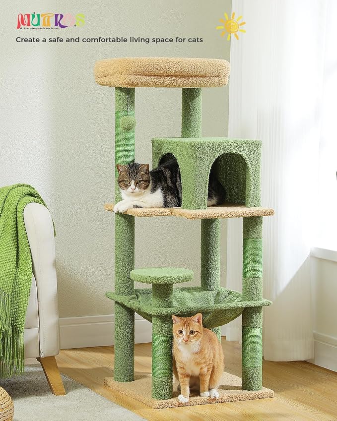 MUTTROS Cactus Cat Tree for Indoor Cats, 45.7" Multi-Level Cat Tower with Large Metal Frame Hammock, Cat Condo with 4 Scratching Posts and Top Perch, Green