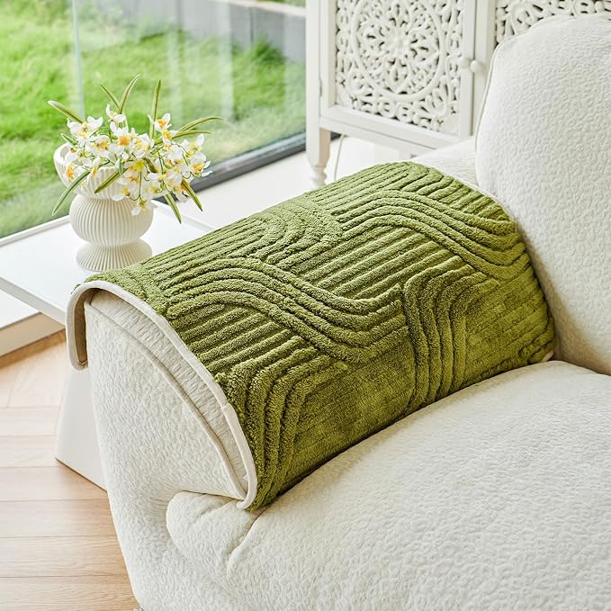 OTOB Fuzzy Plush Armrest Covers for Recliner and Armchairs, Washable Anti-Slip Sofa Arm Slipcovers Soft Couch Furniture Protector Pet Proof All Seasons,1 Piece (Matcha Green, 27.6"x27.6")