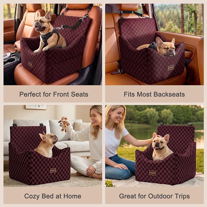 JOEJOY Elevated Dog Car Seat for Small/Medium Dogs up to 36 lbs, Memory Foam Booster Seat with Detachable Washable Cover, Travel-Safe Car Bed with Safety Belts & Storage Pockets, Red