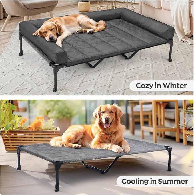 Veehoo Cooling Elevated Dog Bed Add Removable Waterproof Bolster Cushion Mat, Raised Pet Cot with Breathable Teslin Mesh, No-Slip Feet, Dog Sofa Bed for Indoor Outdoor, XXLarge, Black Silver
