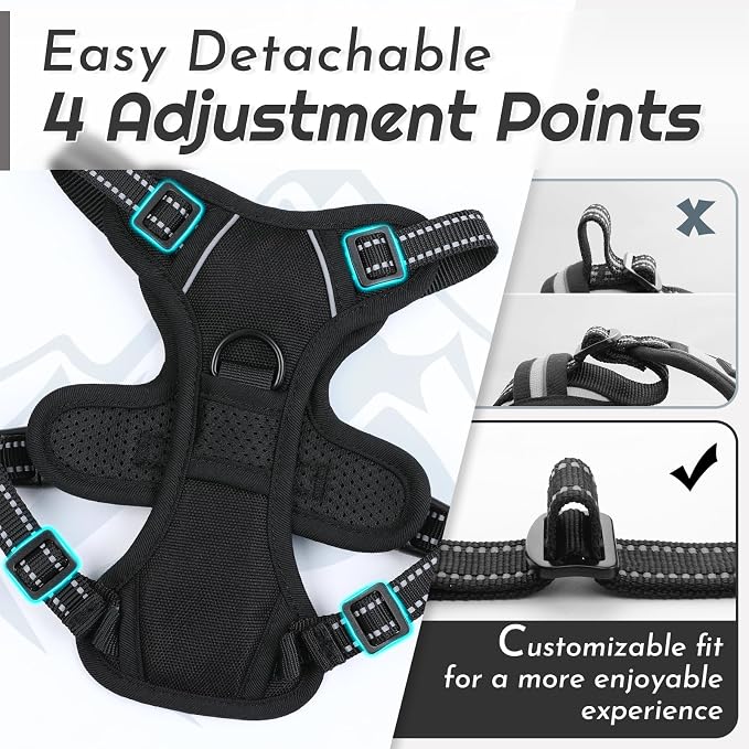 Eagloo Small Dog Harness No Pull, Service Vest with Reflective Strips and Control Handle, Adjustable and Comfortable for Walking, No Choke Pet Harness with 2 Metal Rings, Black, XS