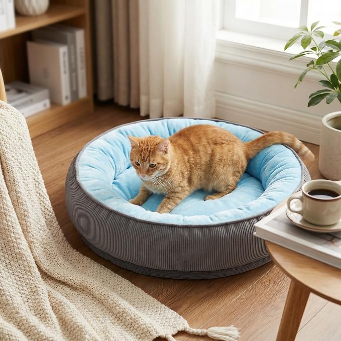 Calming Dog Bed for Small Dogs 18"x20" - Washable Donut Pet Bed with Anti-Slip Bottom, Soft Puppy Bed for Indoor Kittens and Cats with Removable Cover (Sky Blue)