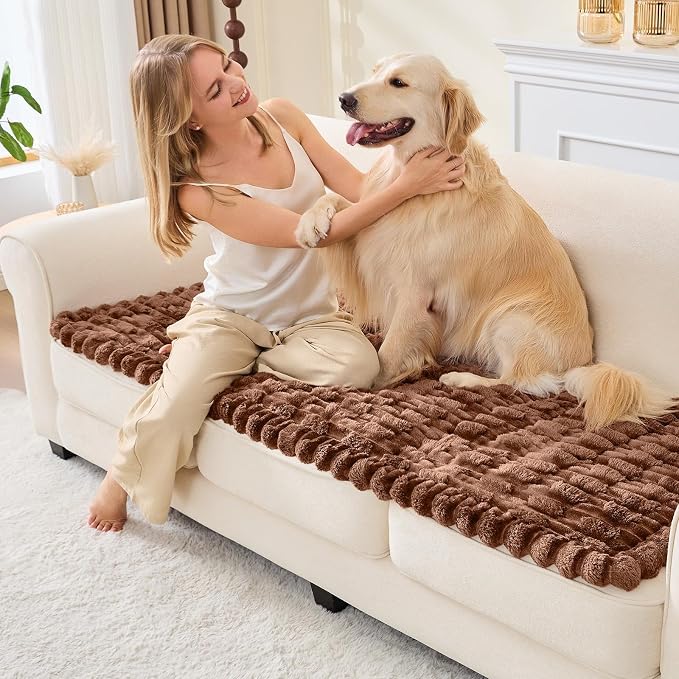 Waterproof Dog Couch Cover, Non Slip Pet Sofa Protector, Thick Fuzzy Couch Cover for Dogs, Machine Washable Furniture Protector, Scratch Resistant Pet Couch Mat(Light Coffee, 28" x 59"/70 x 150cm)