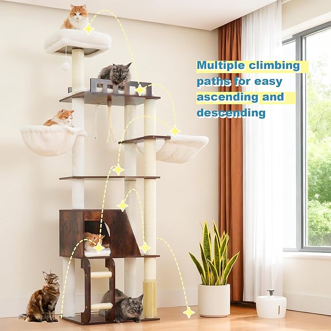 Hey-brother Wooden Cat Tree, 69.7 inch Cats Furniture Tower with Large Platforms, Hammocks, Spacious Condo, Full Sisal Scratching Posts, Ladder, Brush, Water Proof Surface, Rustic Brown MPJ121SR