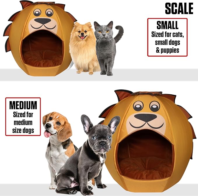 Maccabi Art Lion Theme Dog Bed - Cute Igloo Style Pet Bet - Fits Small Dogs, Puppies, Cats - Pillow Insert with Plush Lined Interrior, Non-Slip Igloo Design - 16 x 16 x 18
