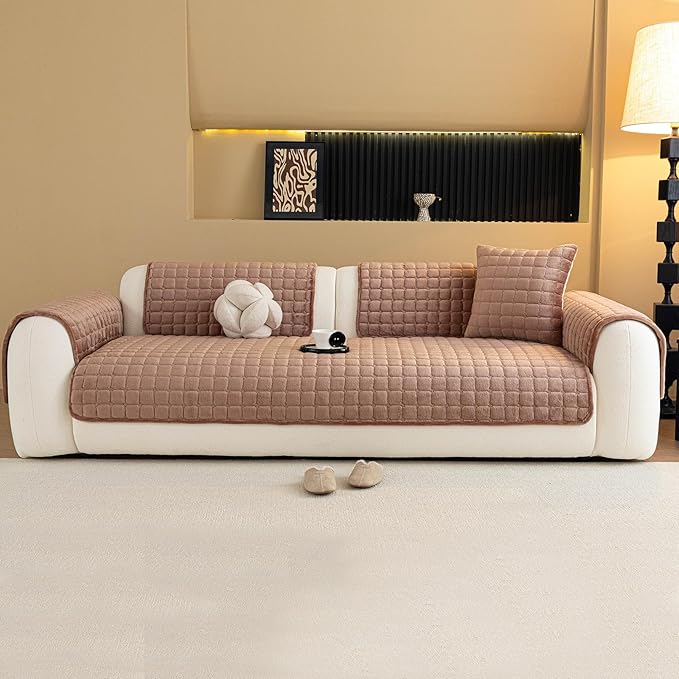 Velvet Couch Cover, Plush Sectional Sofa Cover Washable, Anti Slip Sofa Slipcover for 2-3 Cushion Sofas, Furniture Protector Covers for Pets & Kids(1PC, Dark Brown, 35.4"×63", Loveseat)