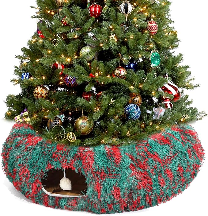 Warm Fluffy Plush Cat Tunnel Bed Under Christmas Tree Big Tube Playground Toys 3 FT Diameter Longer Crinkle Collapsible 3 Way, for Indoor Cat Kitty Kitten Puppy Rabbit Ferret Green-Red