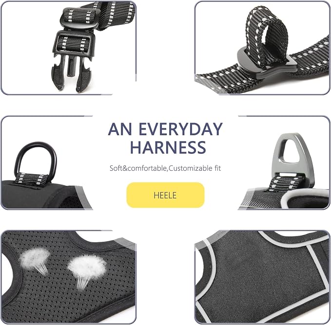 HEELE Dog Harness, No Pull Adjustable Padded Reflective Harness for Small Medium Large Dogs with Handle for Walking Training, Black, L