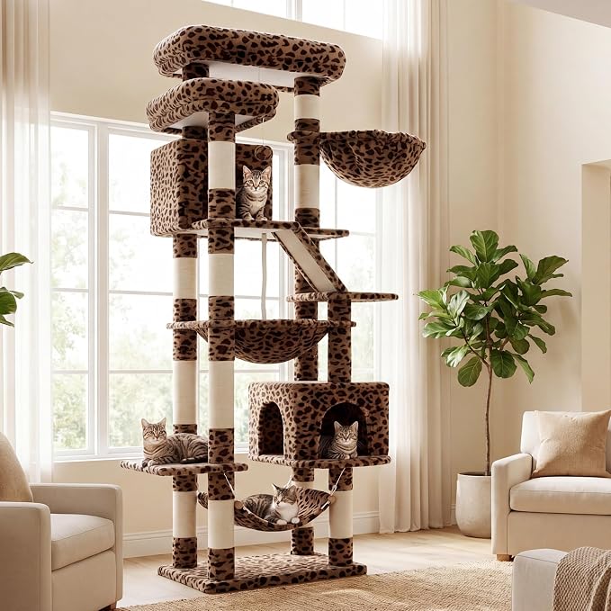 Heybly Cat Tree, 71-Inch-Tall Tower for Indoor Cats with 2 Perches, 2 Big Condos, 2 Hammocks, Basket, Scratching Pad, Large Cat Furniture and Condo, Leopard Print HCT034BW