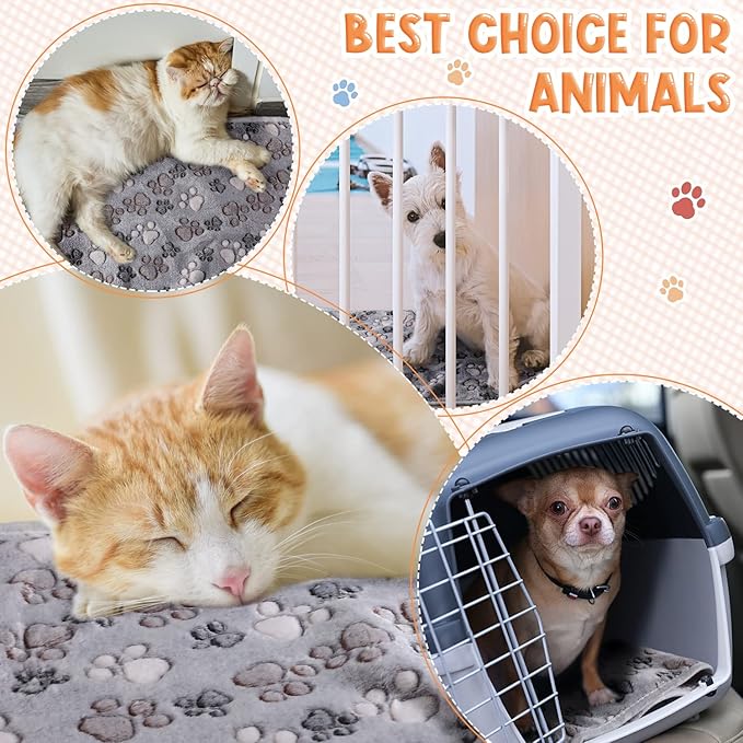 Tatuo 4 Pack Fleece Dog Blankets for Puppy Cats Multi-Size Sleep Mat for Pet Guinea Pig Soft Washable Warm Crate Bed Puppy Teething Toys Print Pattern Blanket Indoor(Gray,24 x 16 Inch,Paw)