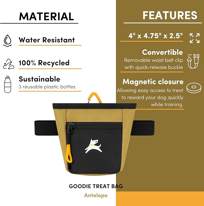 OllyDog, Goodie Treat Bag, Dog Treat Training Pouch | Magnetic Closure | 3 Ways to Wear | Hands-Free Waist Belt | Water-Resistant Recycled Vegan Fabric (Antelope)