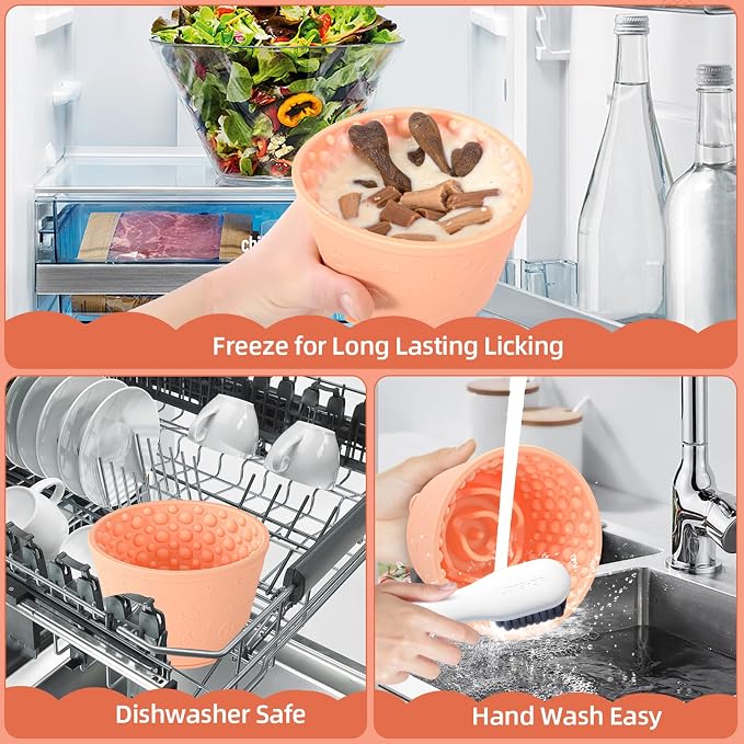 Dog Slow Feeder Lick Bowl, Non-Slip Dog Licking Treat Dispenser, Slow Feeder Bowls for Small Medium Large Breed Dogs, Anxiety Relief & Anti-Choking, BPA Free Silicone (Light Orange, 1.6 Cup)