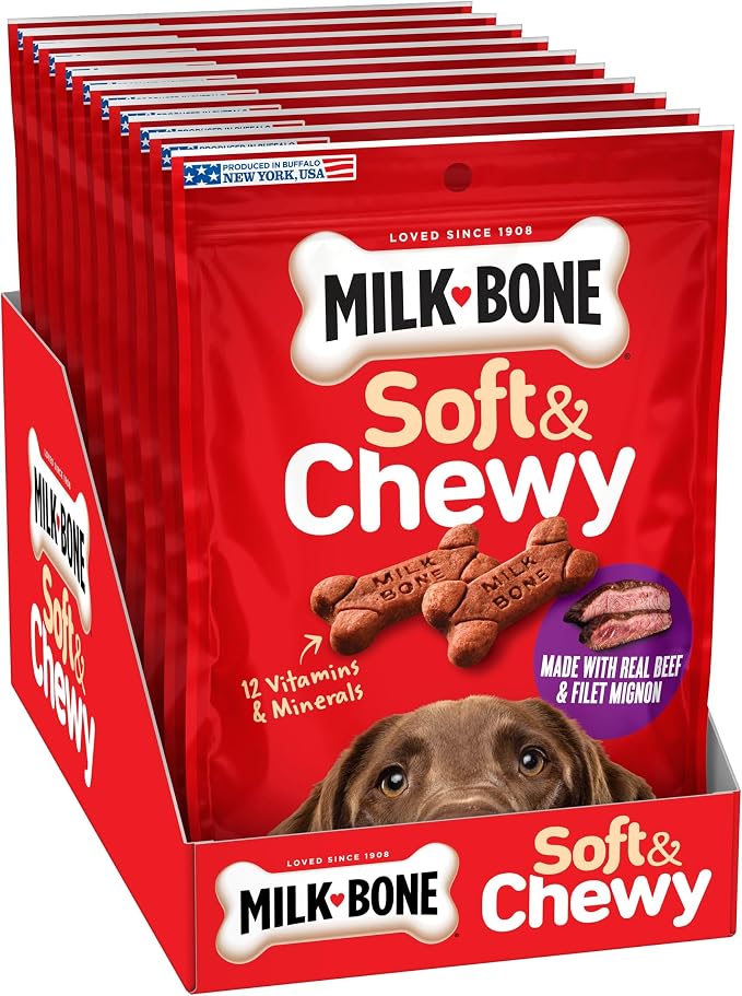 Milk-Bone Soft & Chewy Dog Treats, Made with Real Beef & Filet Mignon, 5.6 Ounce Pouch (Pack of 10)