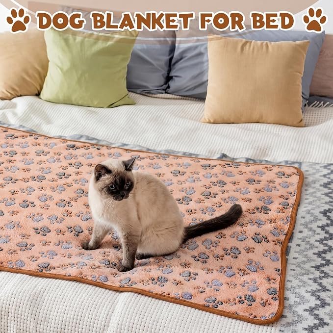 Tegeme 12 Pcs Pet Blankets 41 x 30 Inch Soft Fluffy Fleece Dog Cat Warm Paw Print Pattern Blankets Flannel Throw for Pets Dog Puppy Cat(Camel,Gray)