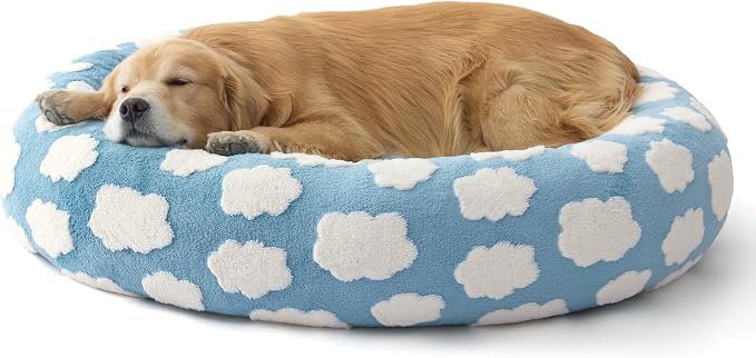 LE SURE Shown on TV Donut Dog Beds Extra Large Sized Dog - Round Pet Beds for Calming Puppy with Washable Cover, Orthopedic Modern Beds with Jacquard Shaggy Plush & Anti Slip Bottom, 42 Inch,Blue