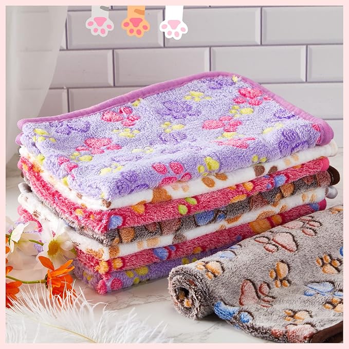 Panelee 8 Pieces Puppy Blanket Dog Blanket Fleece for Medium Small Dogs Soft Flannel Throw Pet Pad Paw Print Sleep Mat Bed Cover for Cats Pets Cage