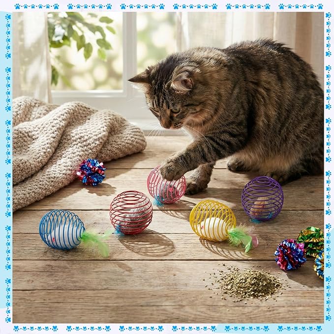 Jecery 5 Pcs Cat Spring Balls Toys Stretchable Rolling Balls Colorful Playful Coils Interactive Action Toy Caged Rats for Kitten Pet Supplies (Feathered Radish,Multicolor)