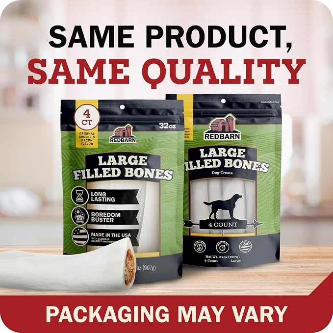 Redbarn Pet Products Large Filled Dog Bones, Cheese & Bacon Flavor - Long Lasting Stuffed Femur Chew Treat Made in USA - 4 Count - Packaging May Vary