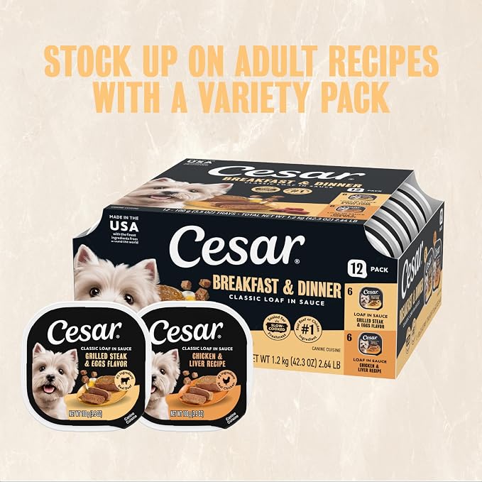Cesar Classic Loaf in Sauce Adult Wet Dog Food, Breakfast and Dinner with Grilled Steak & Eggs Flavor, and Chicken & Liver Flavor, 3.5 oz. Easy Peel Trays, Variety Pack (12 Count, Pack of 1)