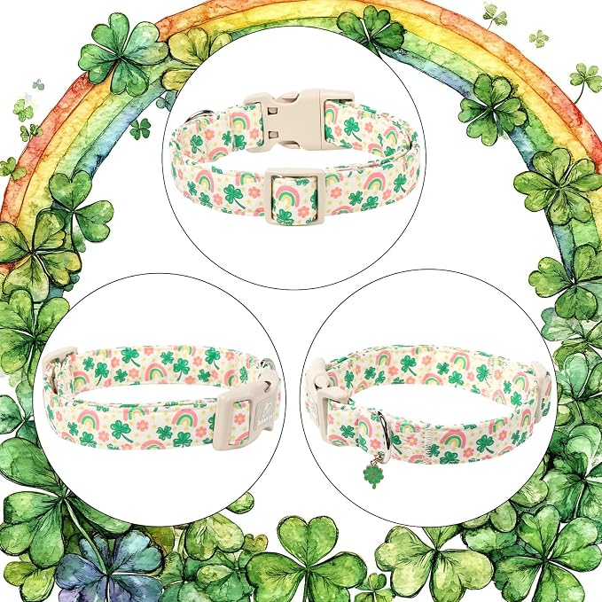 St. Patrick's Day Dog Collar for Medium Dogs - Cute Shamrock & Rainbow Print Dog Collars, Irish Green Party Puppy Collar, Lightweight Adjustable St. Patricks Day Pet Collars M