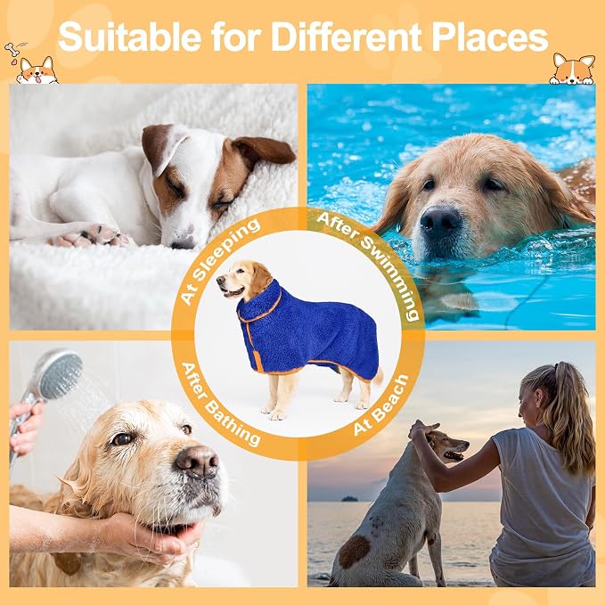Bienbee Dog Bathrobe, Quick Drying Super Absorbent Pet Robes for Small Medium Large Dogs, Drying Coat for After Bath & Swim, Warm & Cozy Dogs Towels, Dog Puppy Bath Supplies, Dark Blue XL