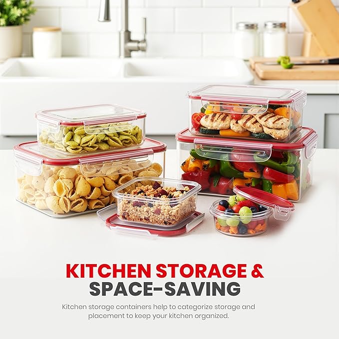 Utopia Kitchen Plastic Food Containers - Food Storage Containers with Airtight Lids - Reusable Lunch Boxes - Leak Proof (Red, Pack of 32)