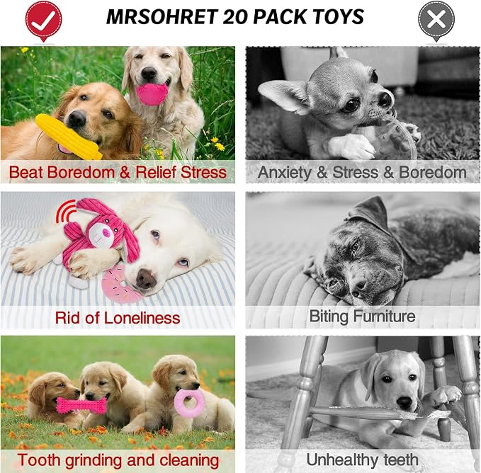 MRSOHRET 20Pcs Puppy Chew Toys for Teething, Dog Chew Rope Toys, Pet Dog Toothbrush, Treat Balls, Plush Squeaky Toy for Small Medium Dogs with Basket