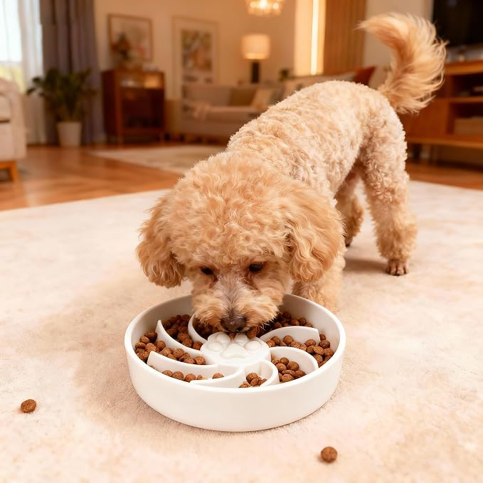 Ceramic Slow Feeder Dog Bowl, 3 Cup Dog Food or 25oz Water, Slow Eating Bowl for Middle Breed, Maze Puzzle Feeder for Fast Eaters, Anti-Choking Stop Bloat, Non-Slip BPA Free (White)