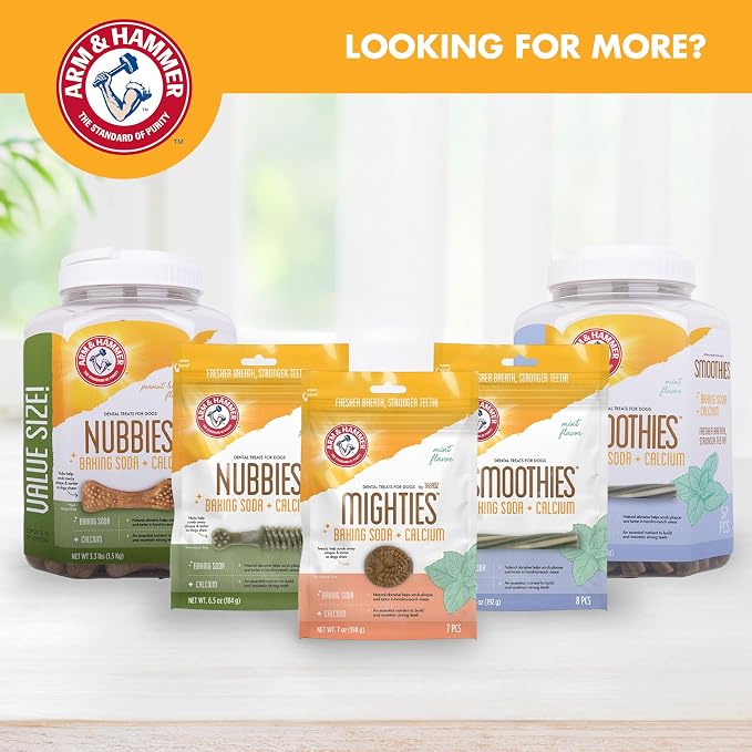 Arm & Hammer for Pets Nubbies Dental Treats Baking Soda Calcium Nubbed Texture Scrubs Plaque Tartar Peanut Butter Flavor Freshens Breath Daily Oral Care 20 Count 7 OZ Single Bag Home Dental Care