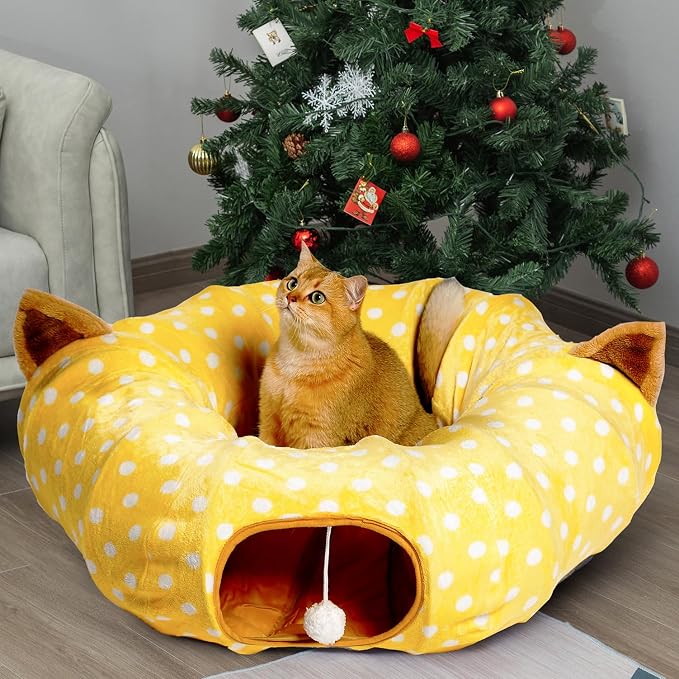 AUOON Cat Tunnel Bed for Indoor Cats - Large Cat Donut Tunnel with Hanging Ball Toy, Collapsible 2-in-1 Multifunctional Interactive Cat Toy for Kitten, Puppy, Rabbit, Ferret (Yellow)