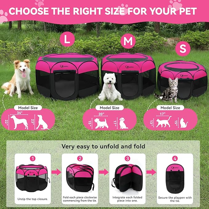 Siedihit Dog Playpen, Puppy Pet Playpens Indoor for Small Dogs Tent Crates Cage Indoor/Outdoor, Portable Pop Up Dog Kennel Playpen with Carrying Case for Dogs/Cats/Rabbits, Hot Pink