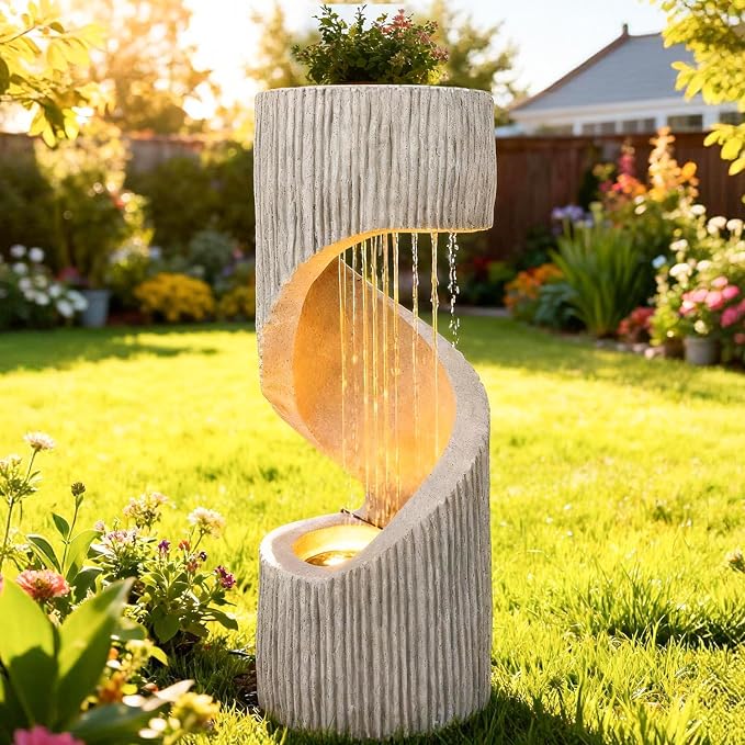 40" Outdoor Water Fountain with LED Light, S-Shaped Modern Curved Outdoor Fountain, Spiral Column Fountain, Decorative Waterfall Feature with Flat Top Plant Display for Garden, Patio Decor