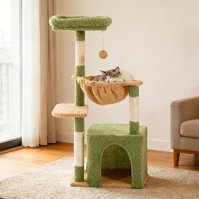 Cat Tree for Indoor Cats, 39.8-inch Cat Tower with 2 Plush Perches for Play & Rest, 1 Cozy Hideaway, Dangling Toy & Full Sisal Scratching Posts for Small Cats, Green