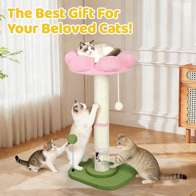 Tall Cat Scratching Post for Indoor Cats Adults, Cat Scratch Post with Sisal Rope Claw Scratcher, Solid Wood Cat Tower with Scratching Post and Cat Toys Mouse Hole, Flower Small Cat Tree (Pink Flower)