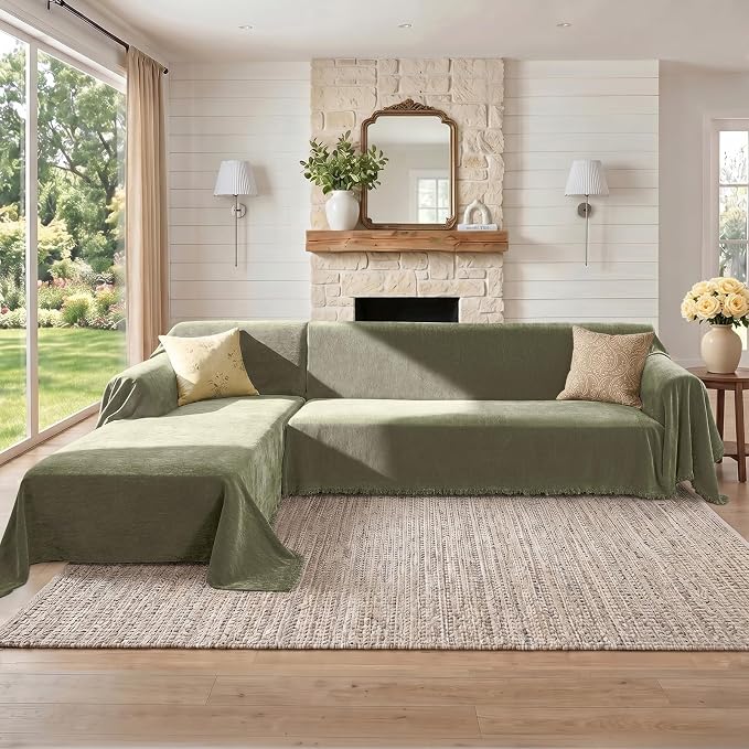 CAPALOCA Sectional Couch Covers, 2 Pieces Chenille Sofa Cover L Shaped Couch Cover Blanket for Dogs Washable Sofa Slipcovers Pet Furniture Protector (XX-Large: 71" x 118" + 71" x 118", Sage Green)