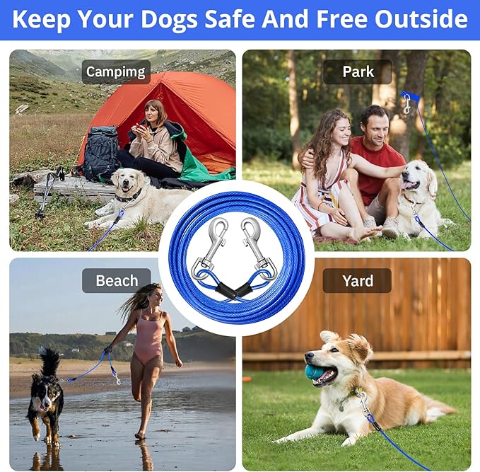jenico Dog Tie Out Cable: 15ft Dog Leads for Yard Heavy Duty - Reflective Chain Leash for Outside Small Large Dogs Up to 125lbs Outdoor Runner Camping