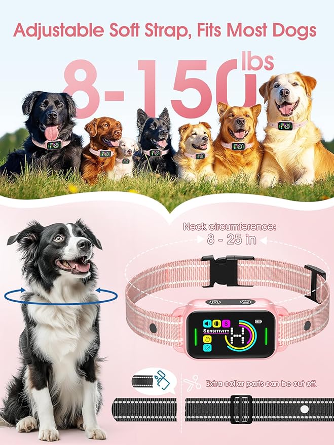 DINJOO Bark Collar for Large Medium Small Dogs - Smart AI 1S Stop Barking, Anti Barking Device & Dog Training Collar with Beep, Vibration & 8-Level Sensitivity, IP67 Waterproof - Pastel Pink