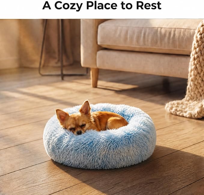 Tiny Dog Bed 15 Inch for Extra Small Dogs,Washable Puppy Bed,Soft Faux Fur Calming Donut Bed for Chihuahua Yorkie Maltese Pomeranian,Blue and White